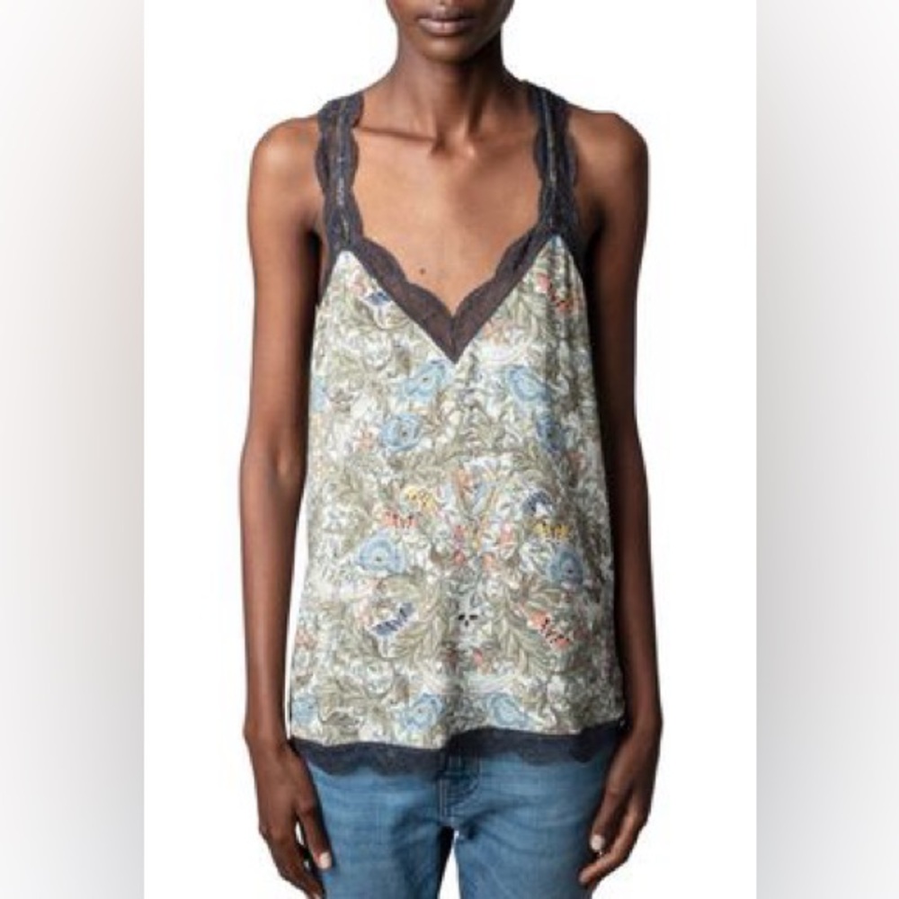 Zadig & Voltaire Floral Skull Print Lace Trim Camisole, Small